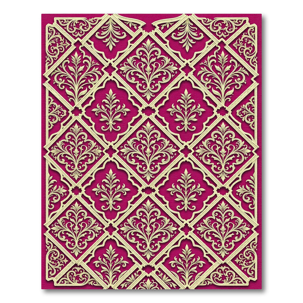 Elegant Crimson Gold Lattice Damask Rug