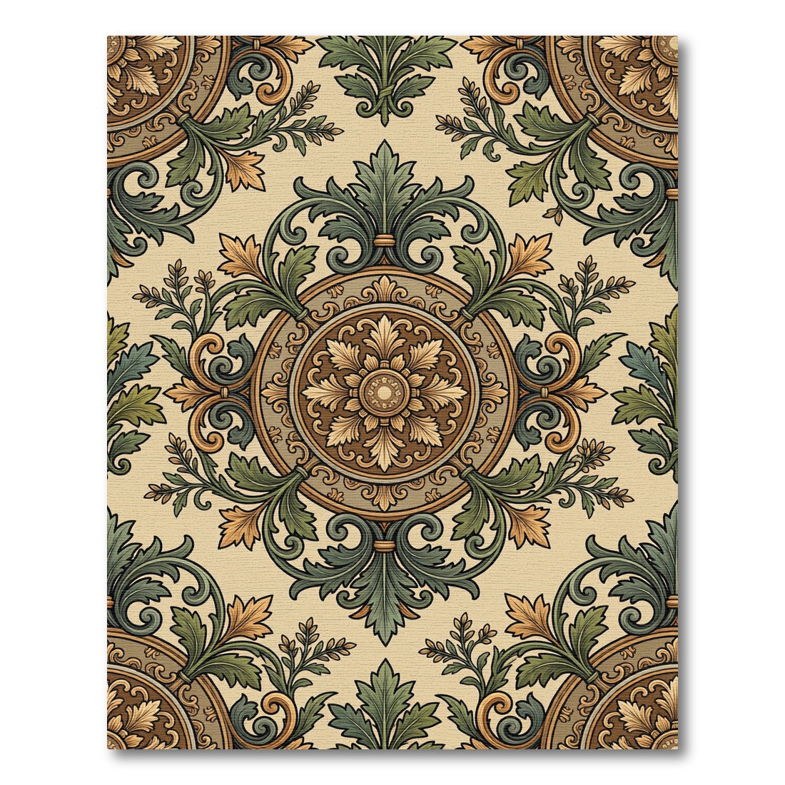 Vintage Earthy Green Floral Medallion Rug