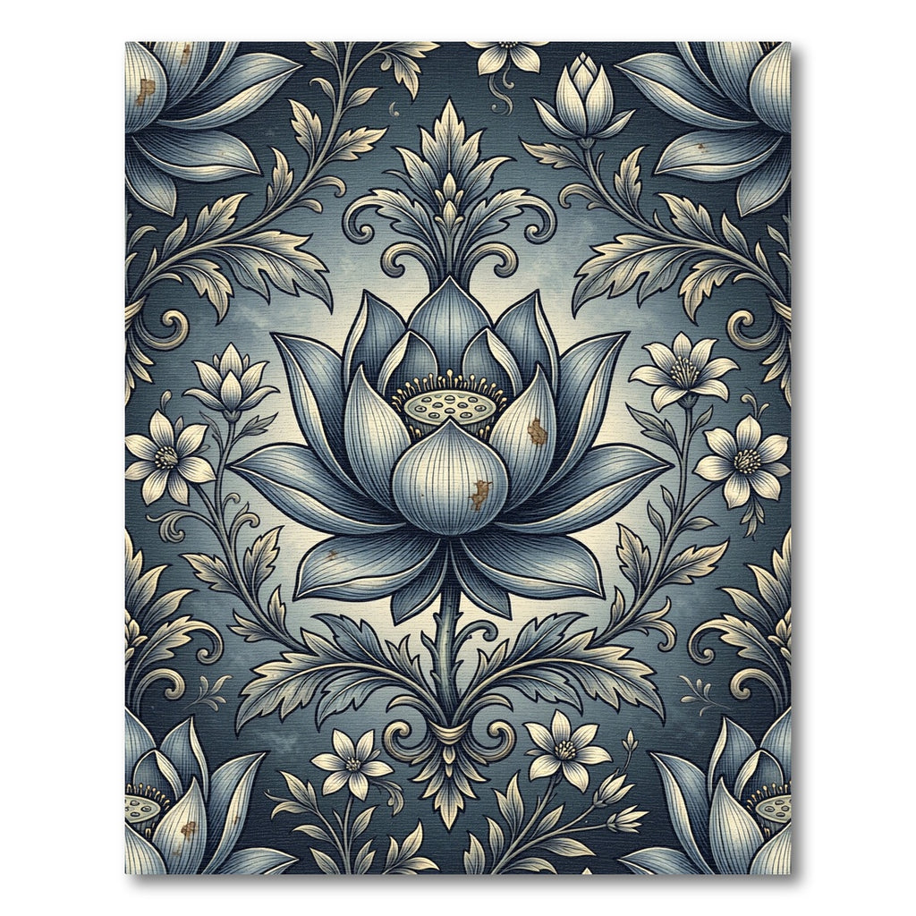 Elegant Blue Lotus Floral Damask Rug
