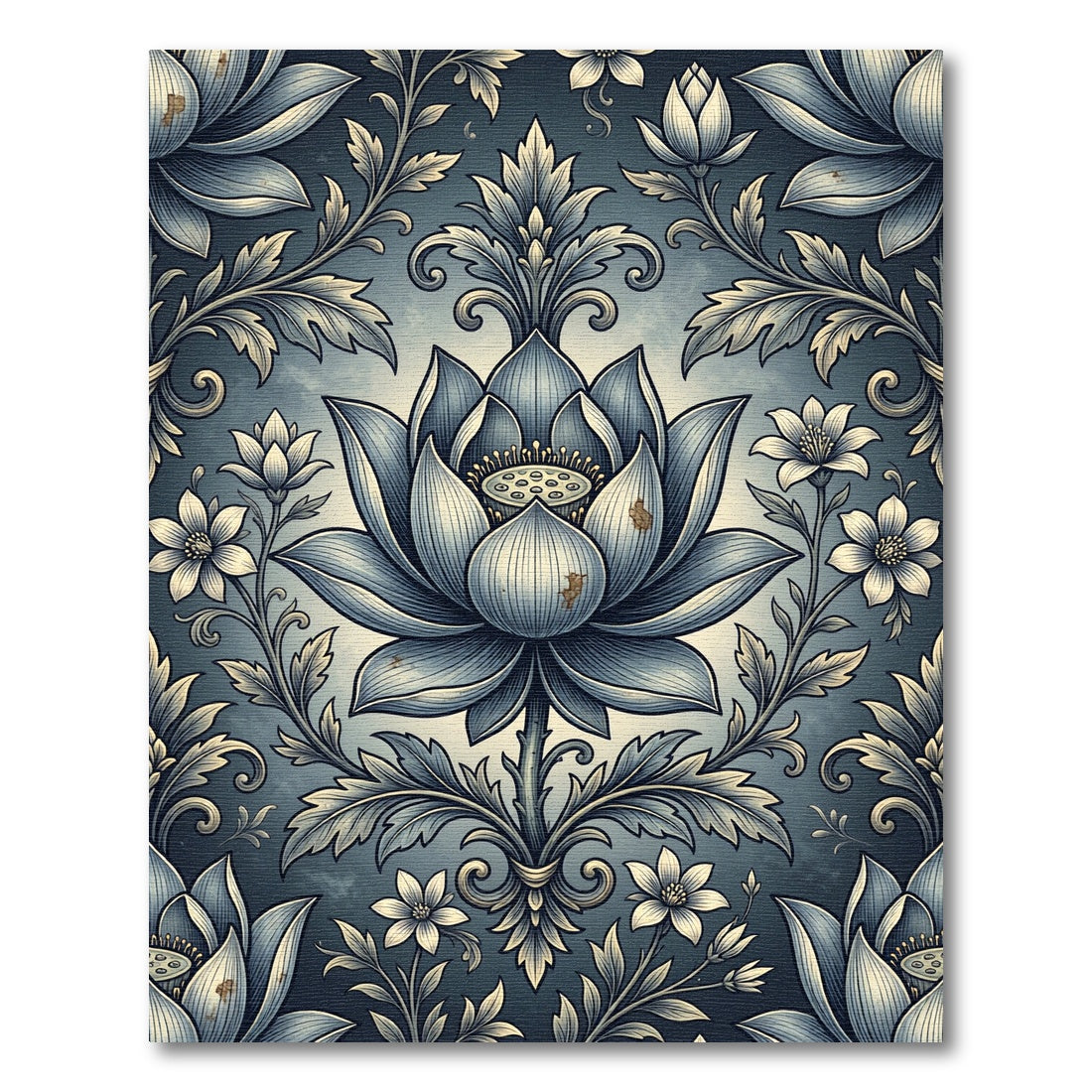 Elegant Blue Lotus Floral Damask Rug