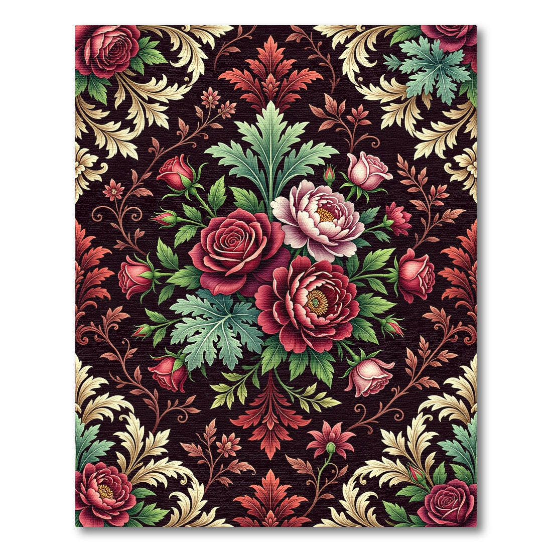 Dark Crimson Floral Baroque Botanical Rug