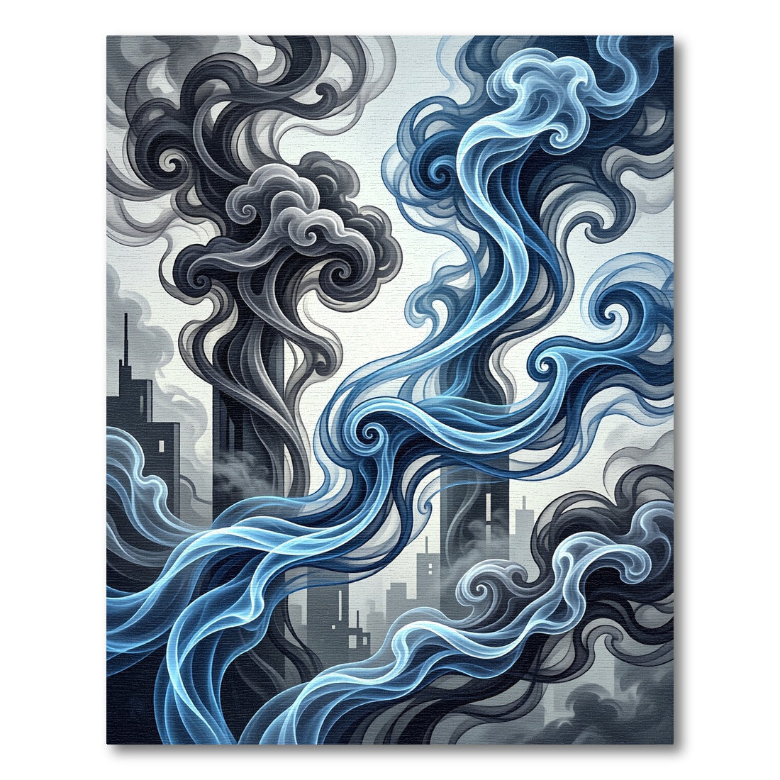 Abstract Blue Smoke Swirls Cityscape Rug