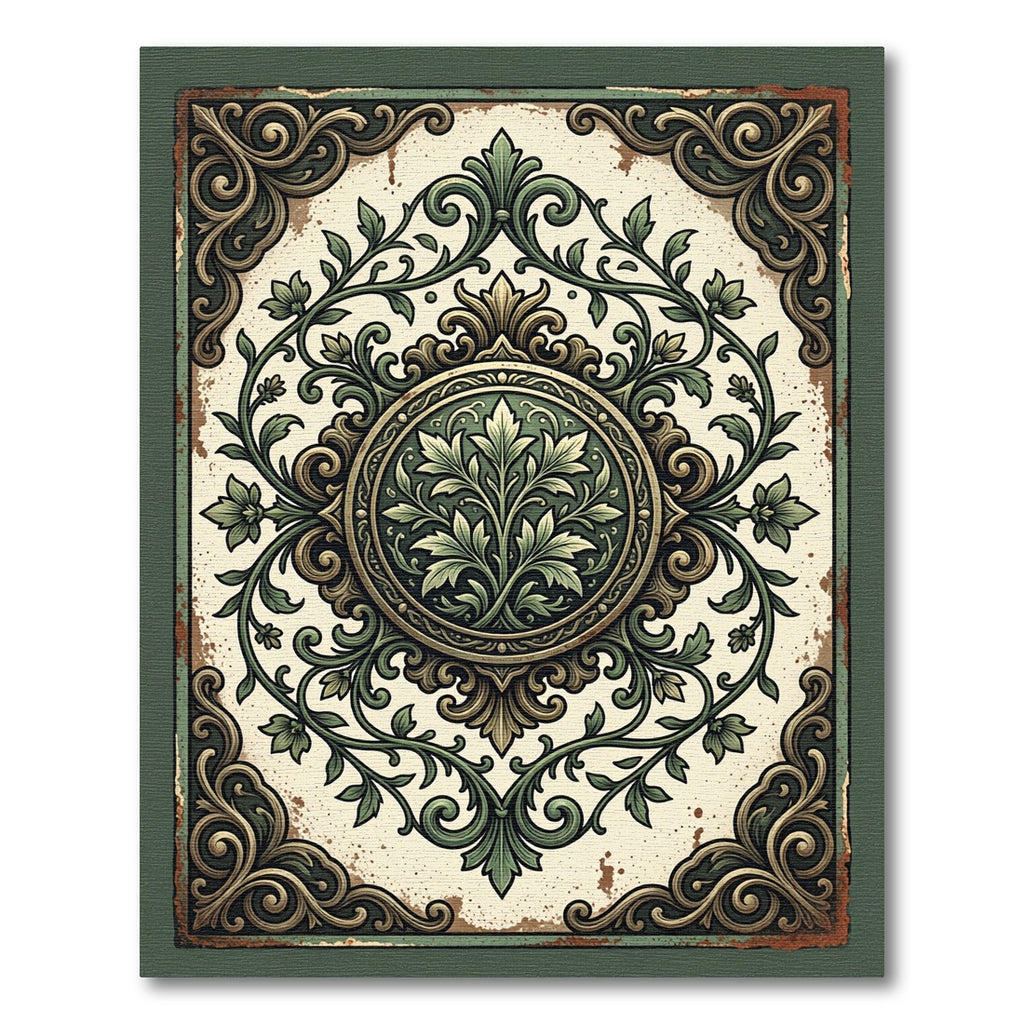 Elegant Sage Ornate Damask Medallion Rug