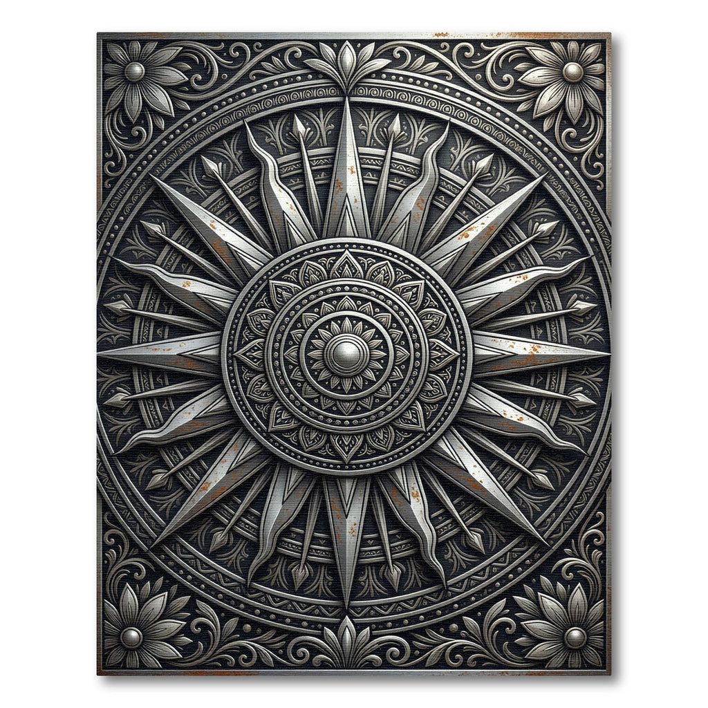 Metallic Silver Ornate Mandala Star Compass Rug