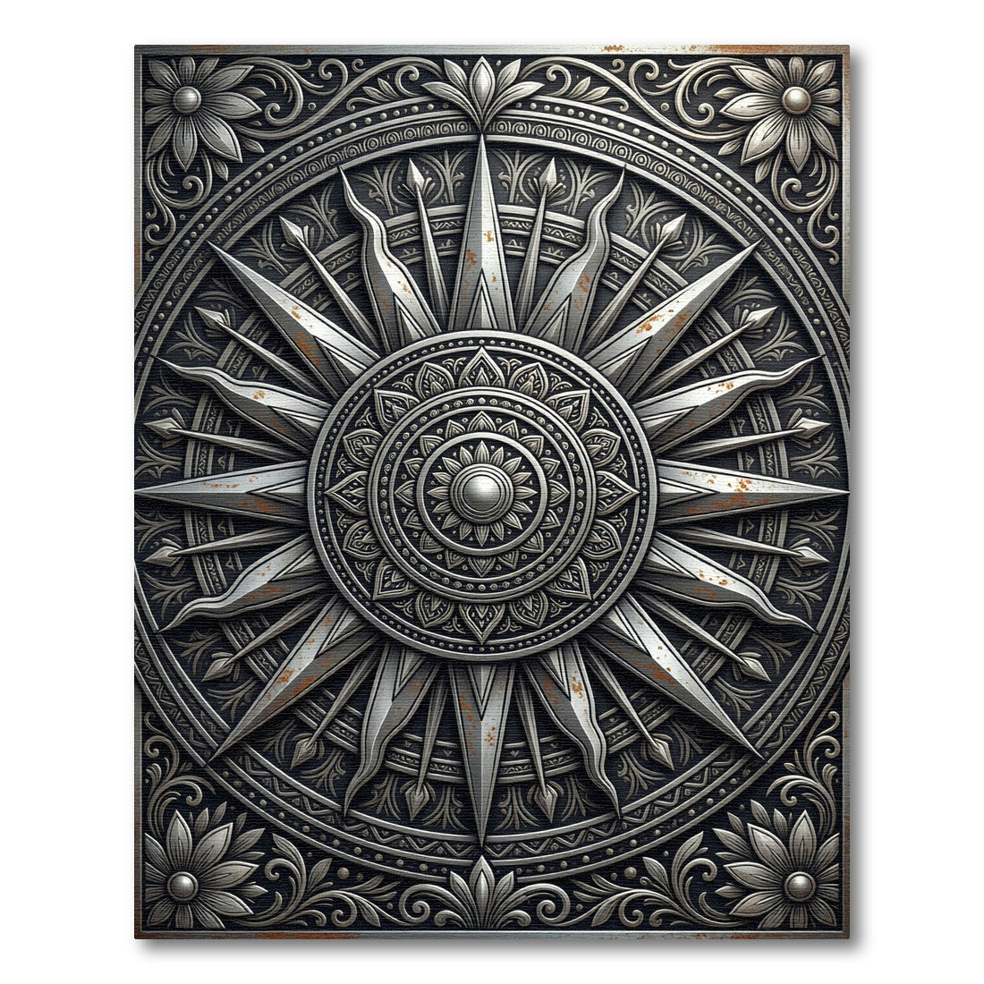 Metallic Silver Ornate Mandala Star Compass Rug