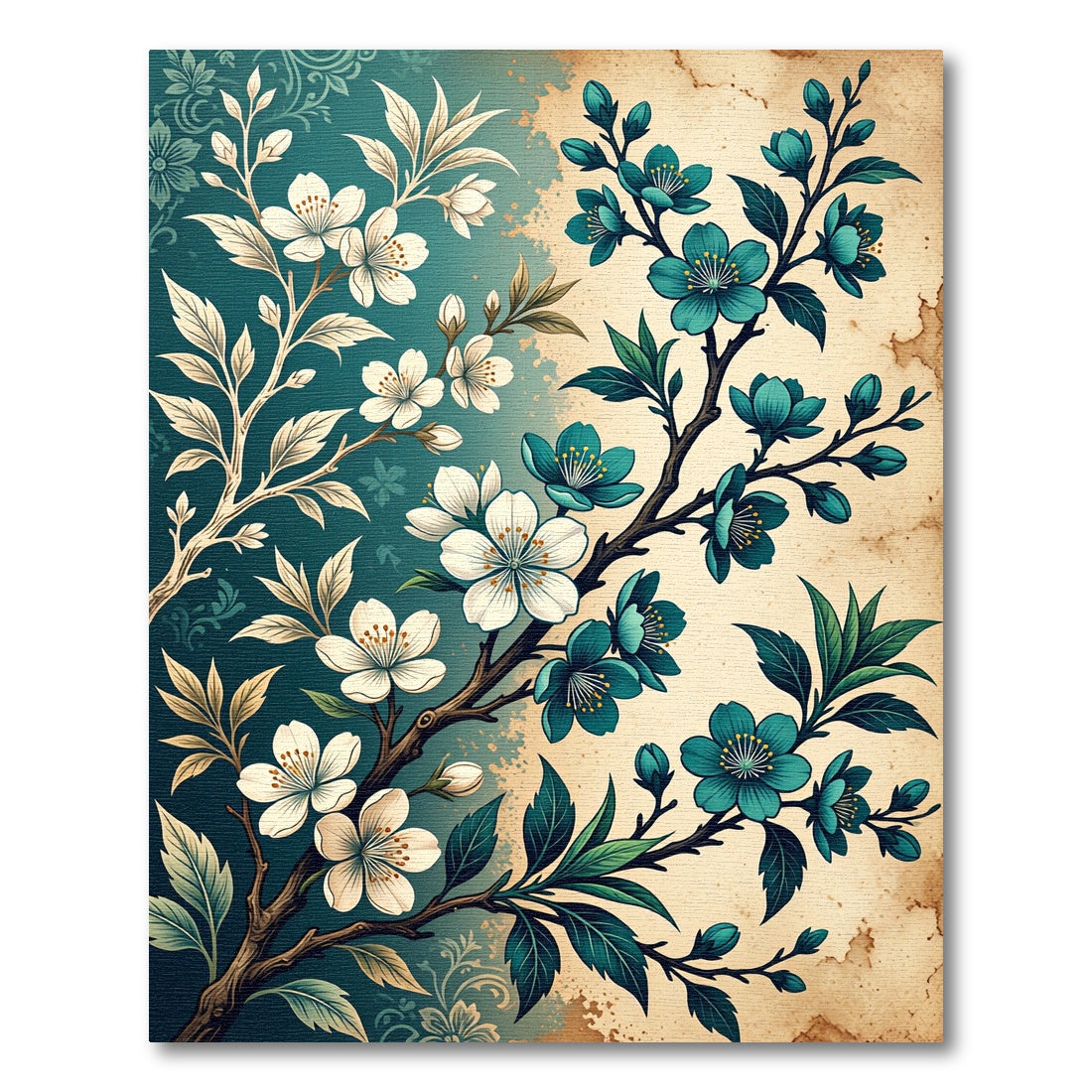 Teal and Cream Cherry Blossom Branch Rug