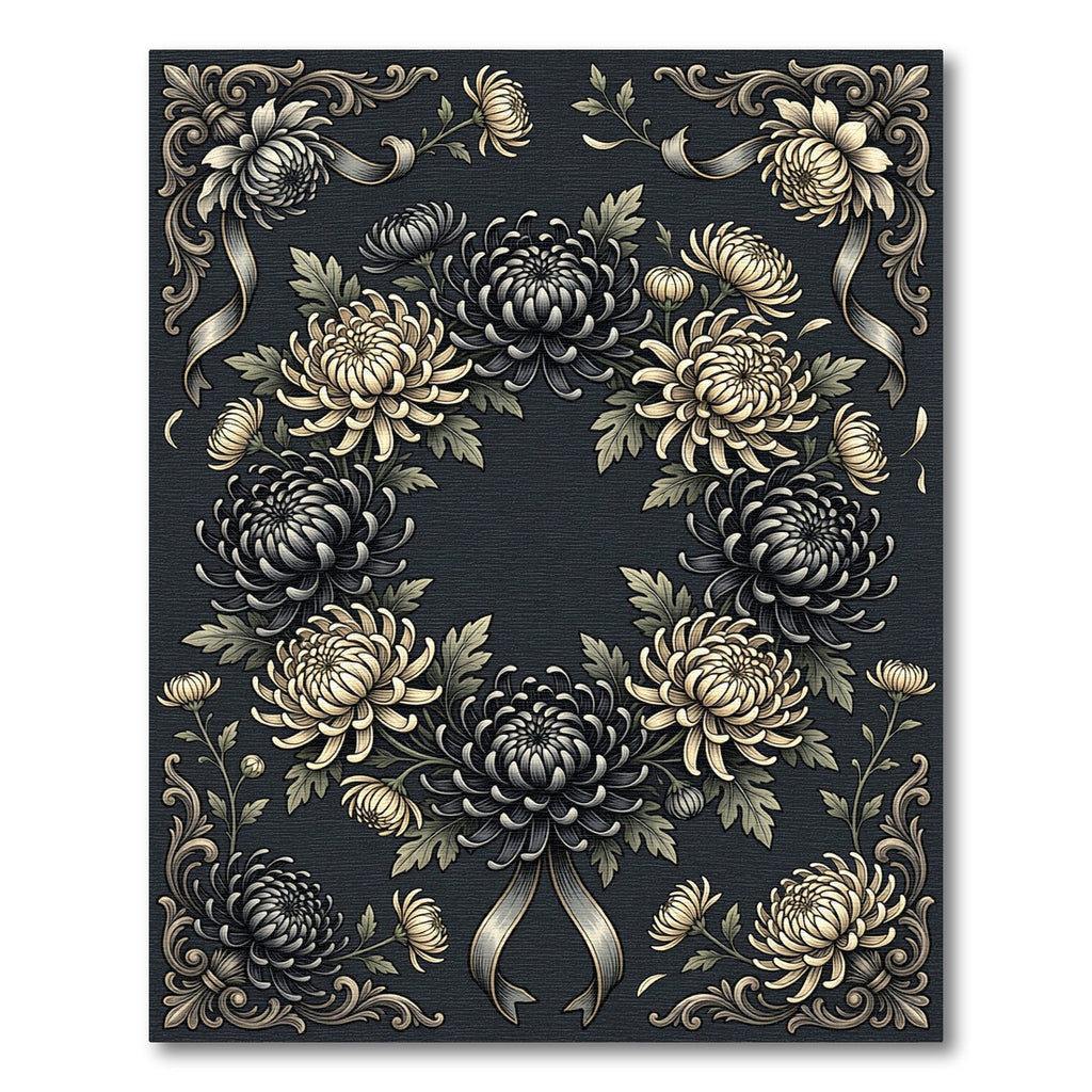 Elegant Monochrome Chrysanthemum Floral Wreath Rug