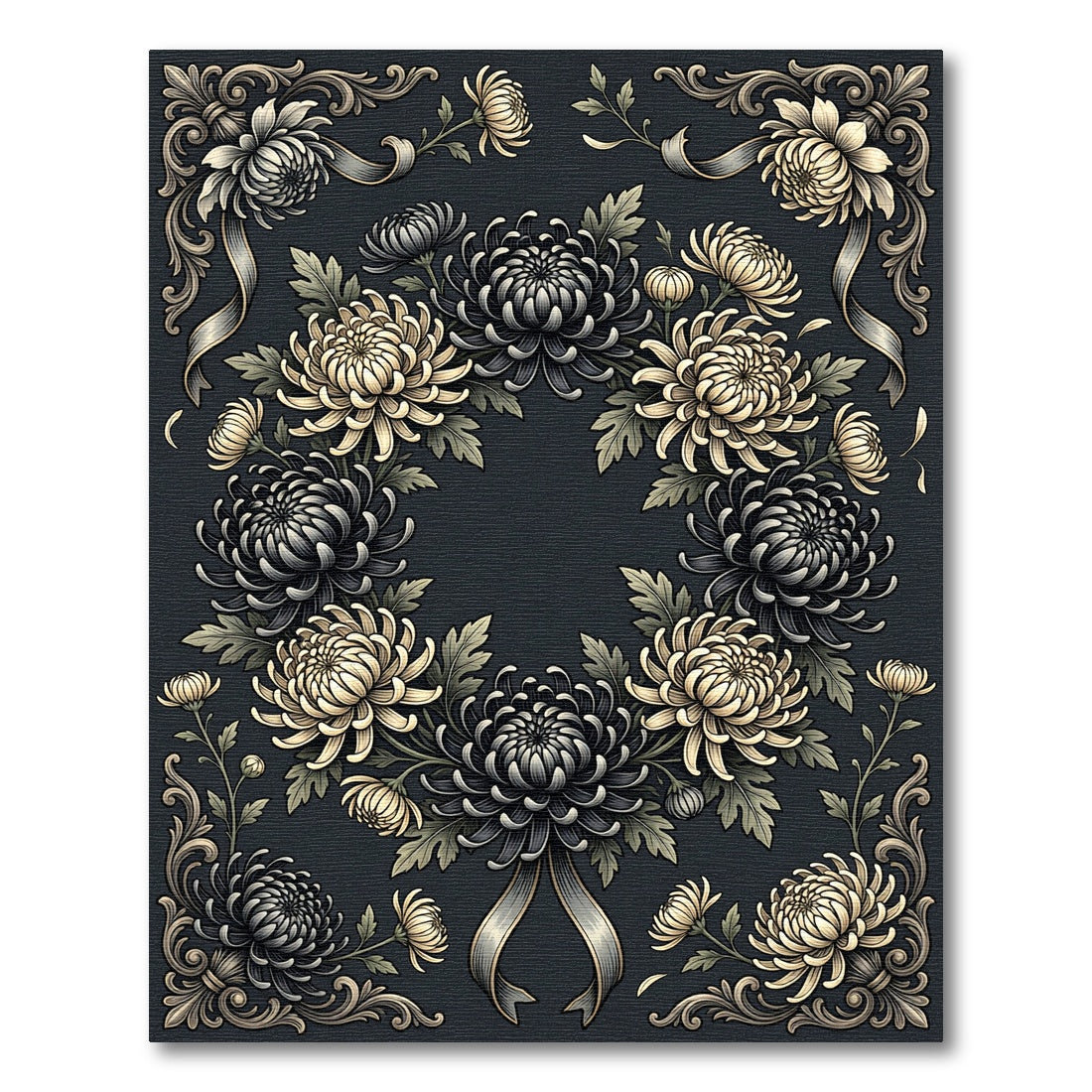 Elegant Monochrome Chrysanthemum Floral Wreath Rug