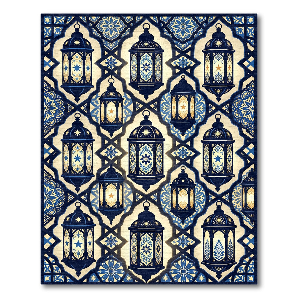 Elegant Navy Gold Lantern Geometric Tile Rug