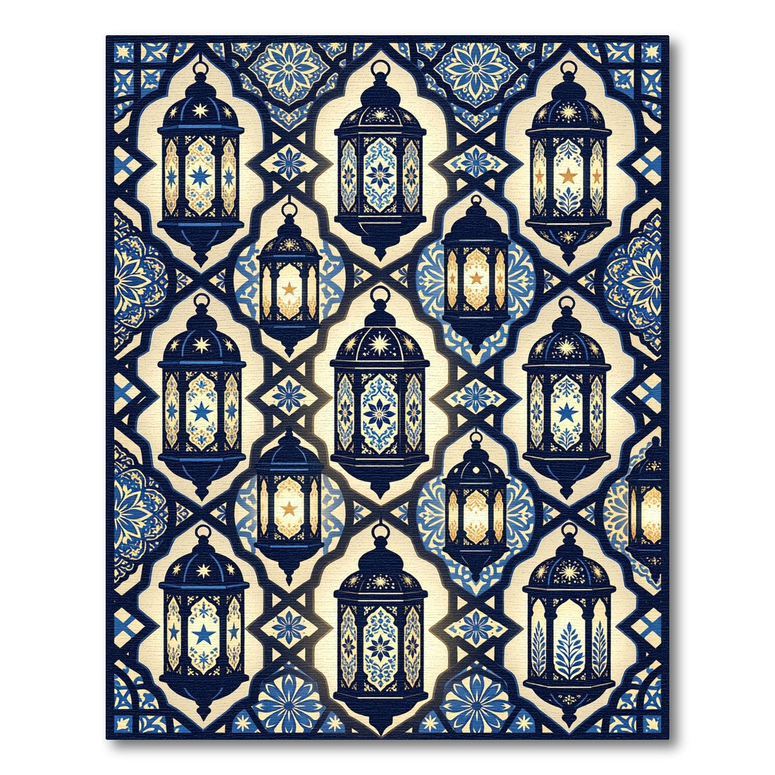 Elegant Navy Gold Lantern Geometric Tile Rug