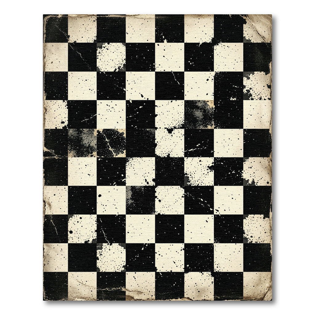 Distressed Black White Chessboard Splatter Rug