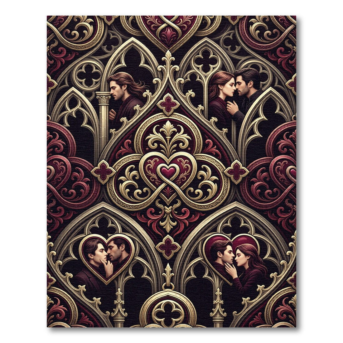 Gothic Romantic Crimson Gold Intricate Hearts Rug