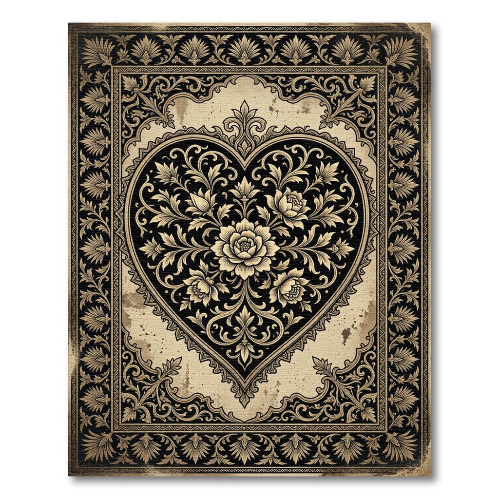 Ornate Monochrome Black Floral Heart Rug