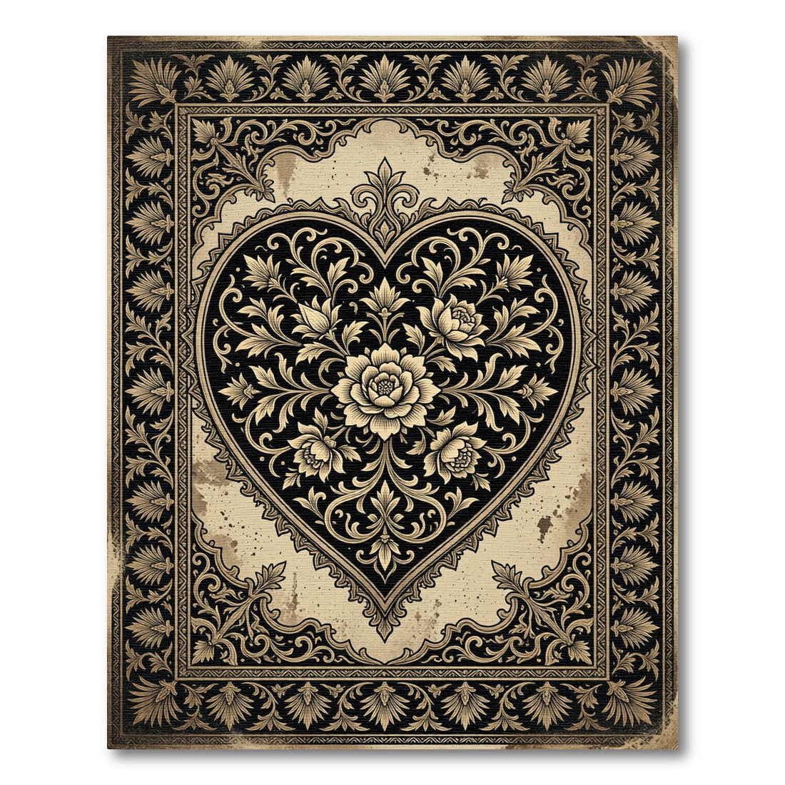 Ornate Monochrome Black Floral Heart Rug