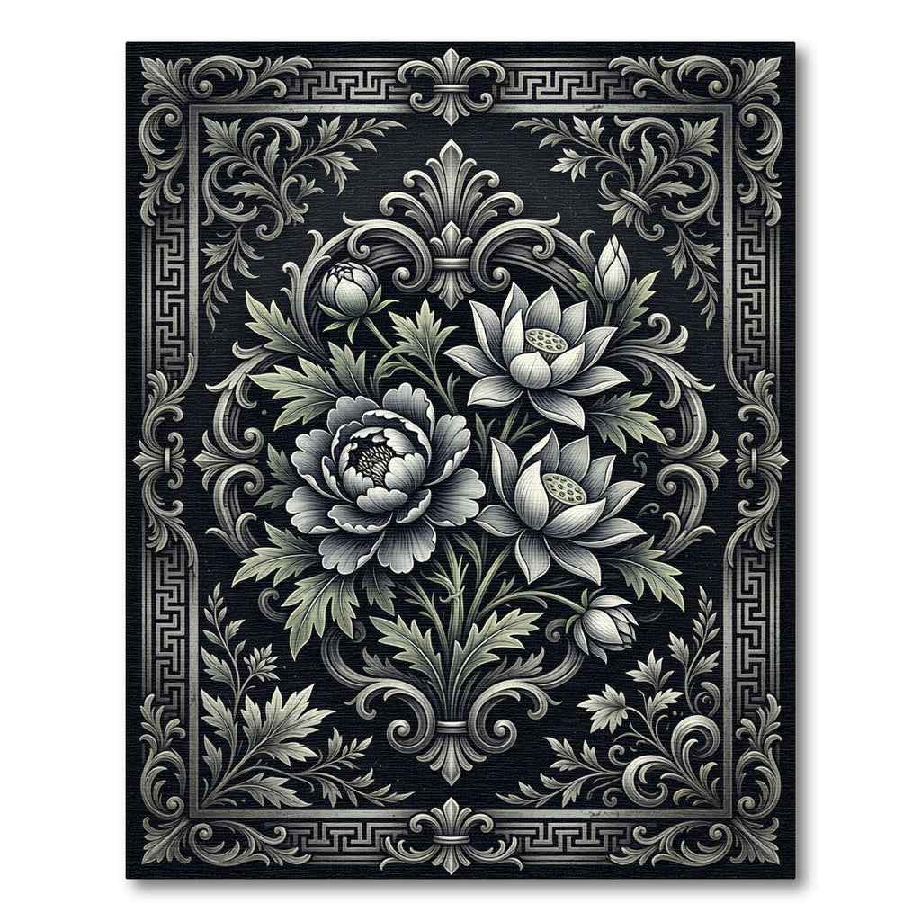Monochromatic Ornate Floral Baroque Charcoal Rug