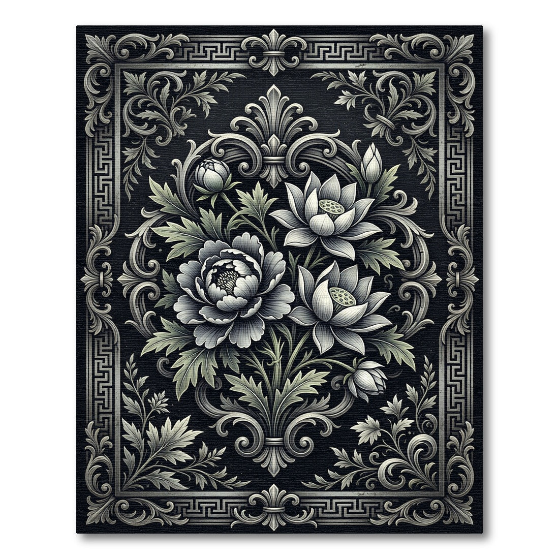 Monochromatic Ornate Floral Baroque Charcoal Rug