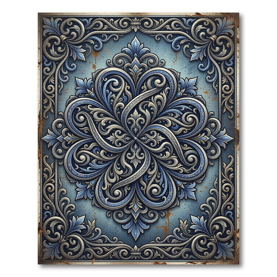 Ornate Blue Silver Victorian Scrollwork Rug