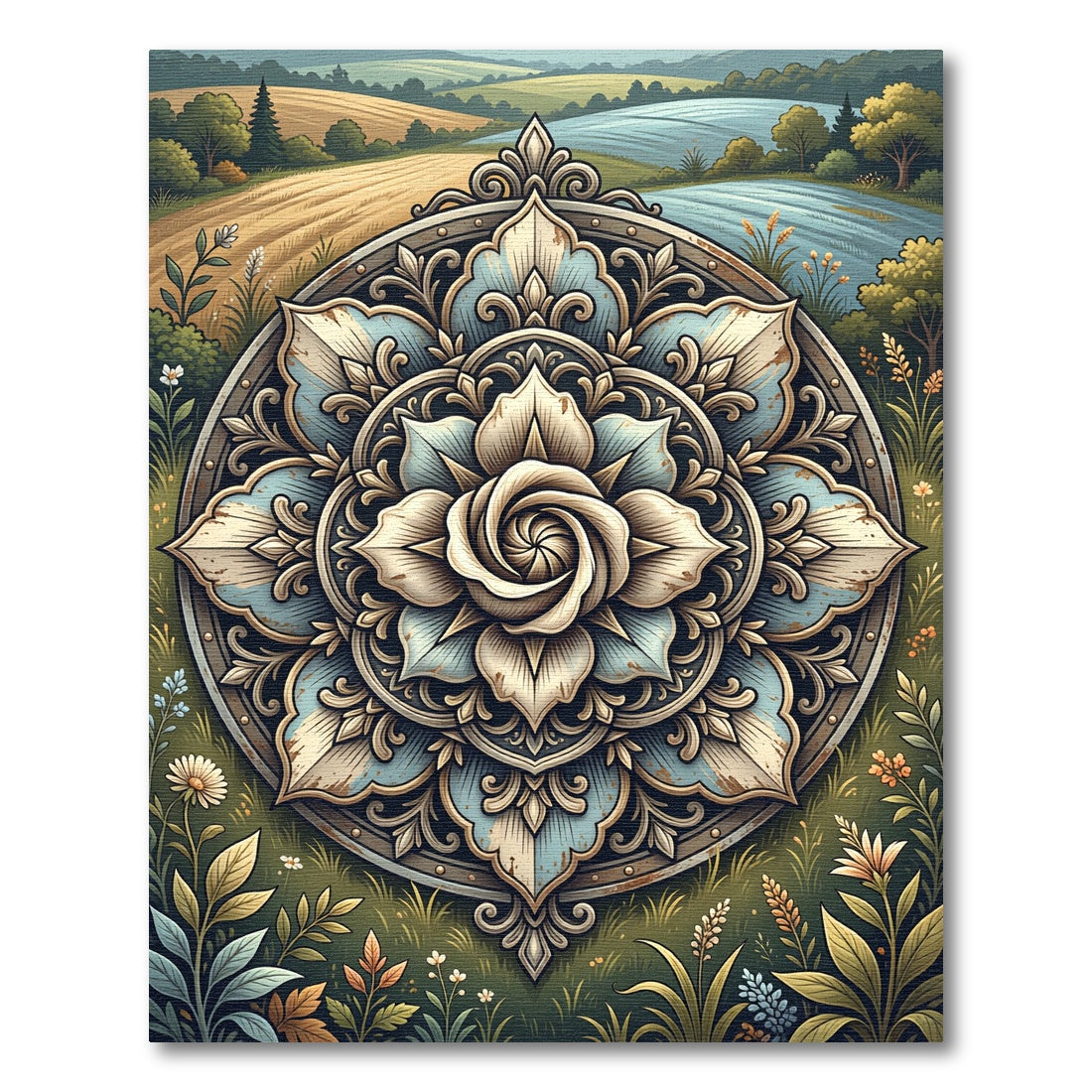 Earthy Blue Rose Floral Medallion Rug