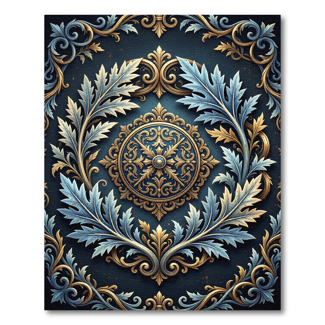 Ornate Gold Blue Acanthus Medallion Rug