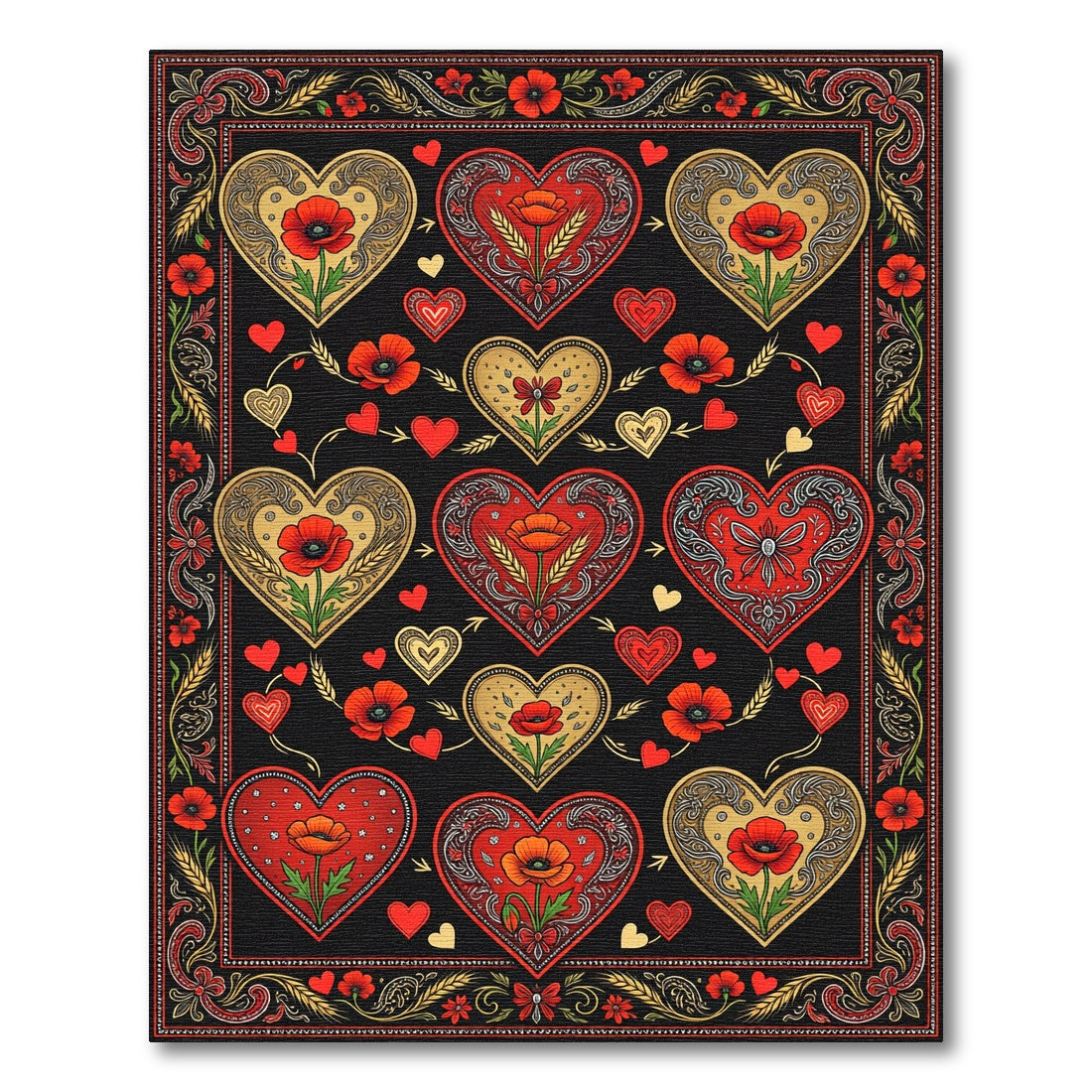 Red Gold Heart Poppy Floral Arrangement Rug