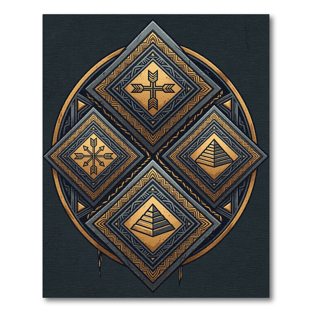 Black and Gold Geometric Diamond Emblem Rug