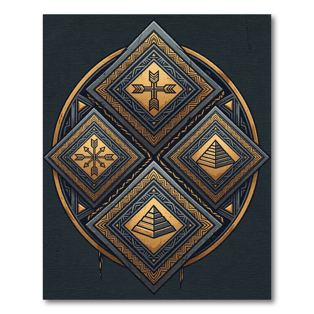 Black and Gold Geometric Diamond Emblem Rug