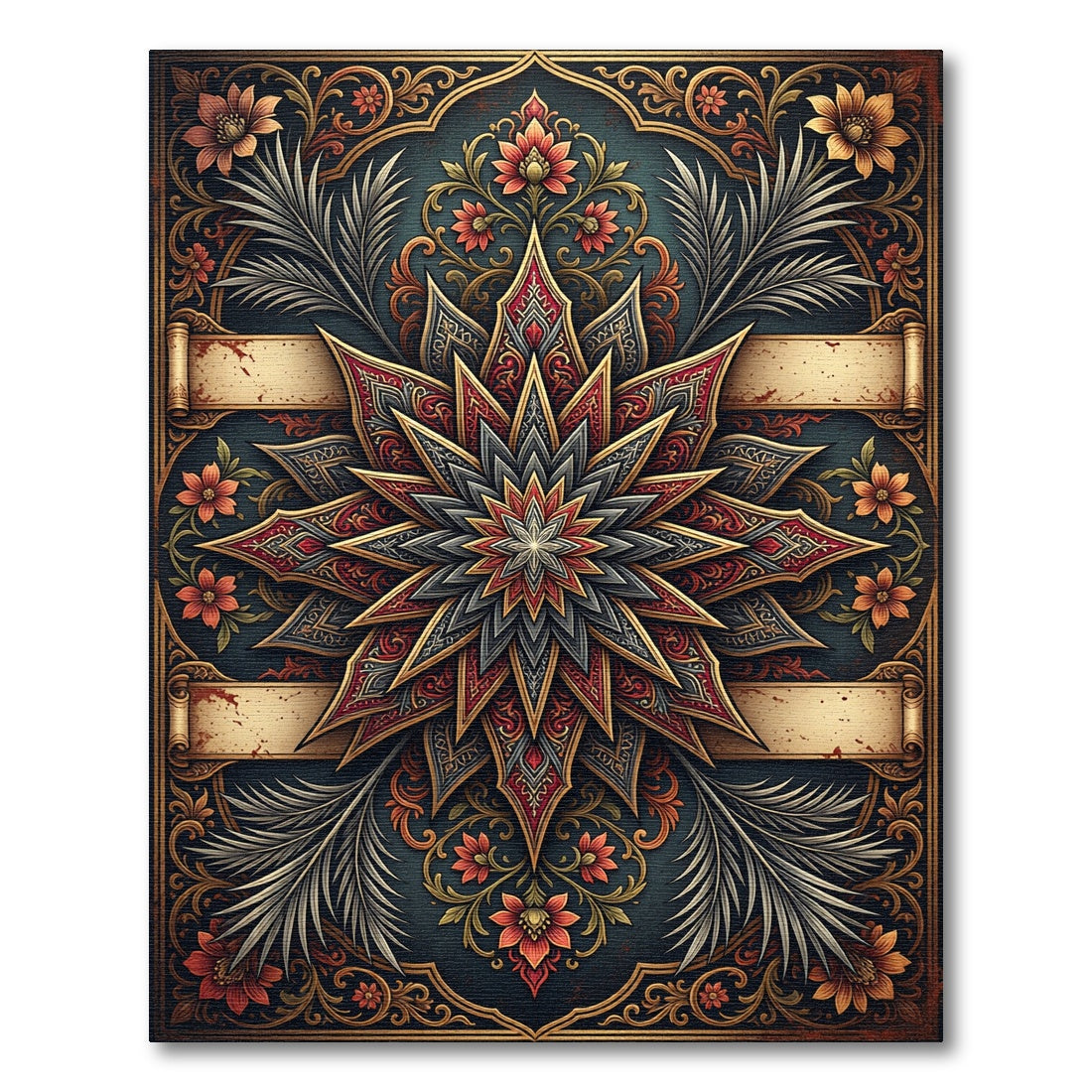 Ornate Crimson Star Floral Medallion Rug