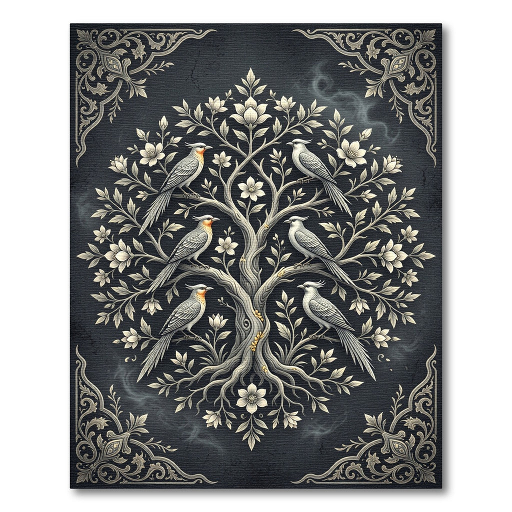 Elegant Charcoal Silver Crested Bird Tree Rug