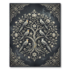 Elegant Charcoal Silver Crested Bird Tree Rug