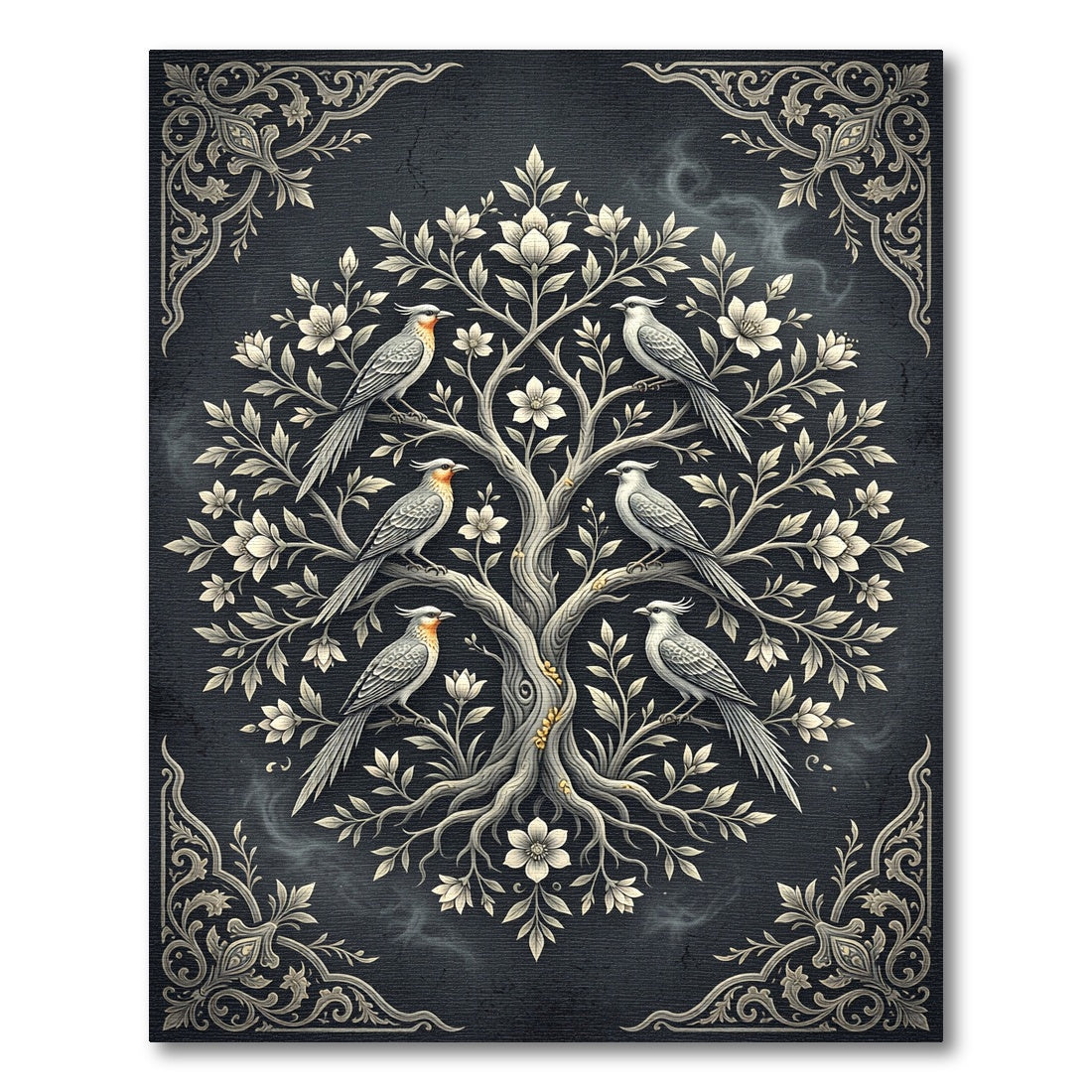 Elegant Charcoal Silver Crested Bird Tree Rug