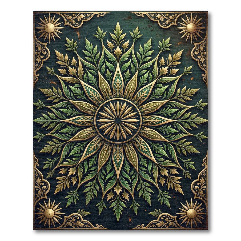 Antique Green Floral Sunburst Motif Rug