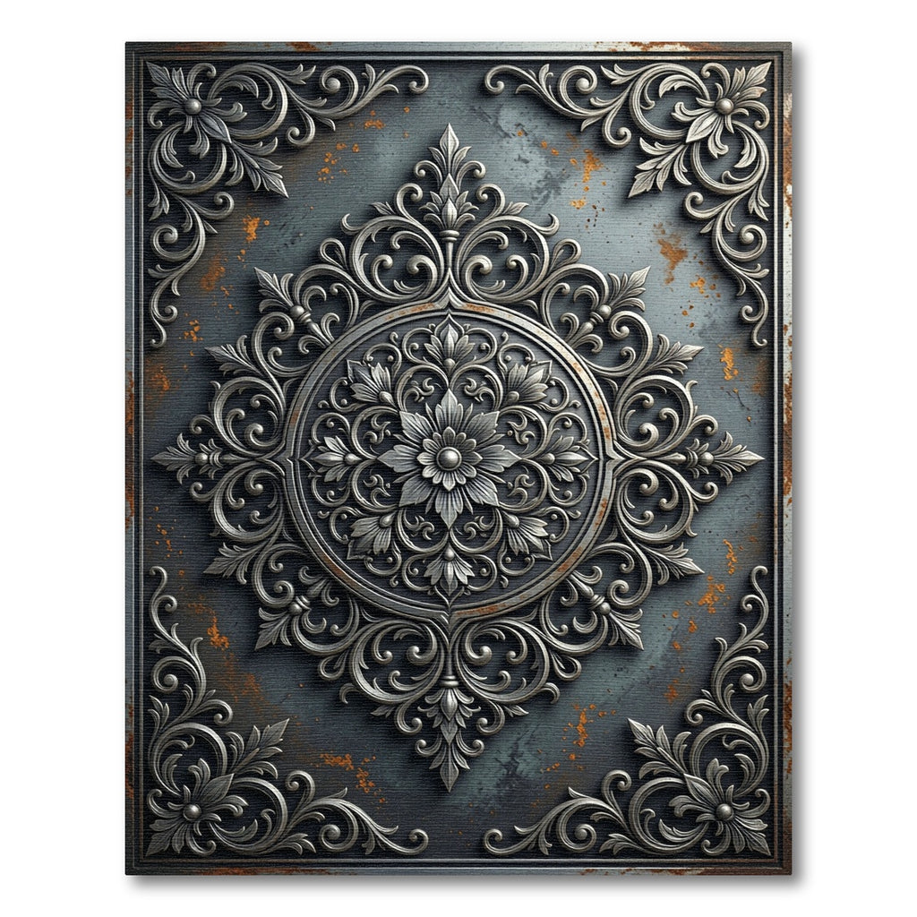 Elegant Silver Damask Circular Medallion Rug