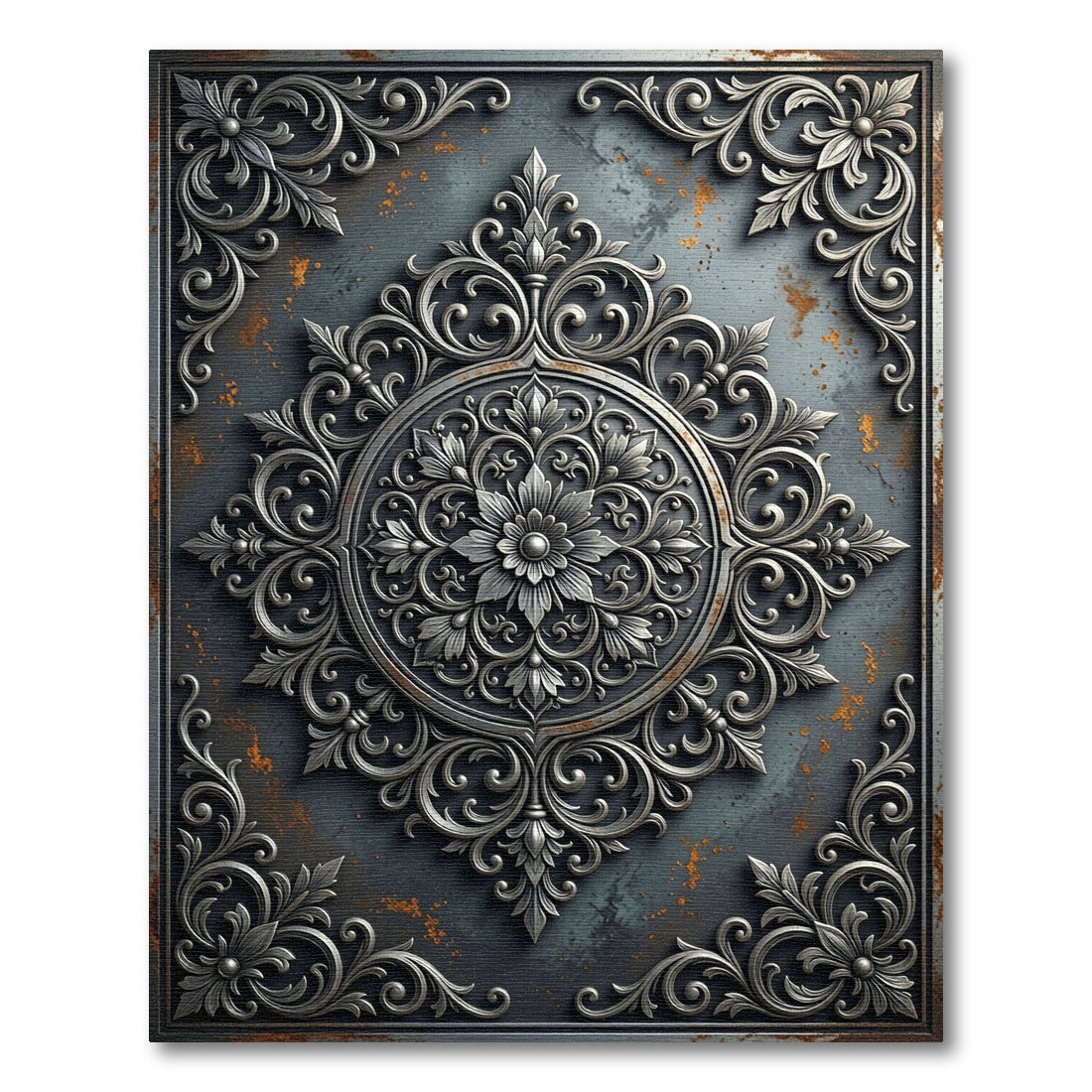 Elegant Silver Damask Circular Medallion Rug