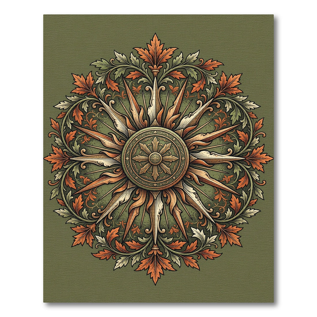 Ornate Sage Green Botanical Sunburst Rug
