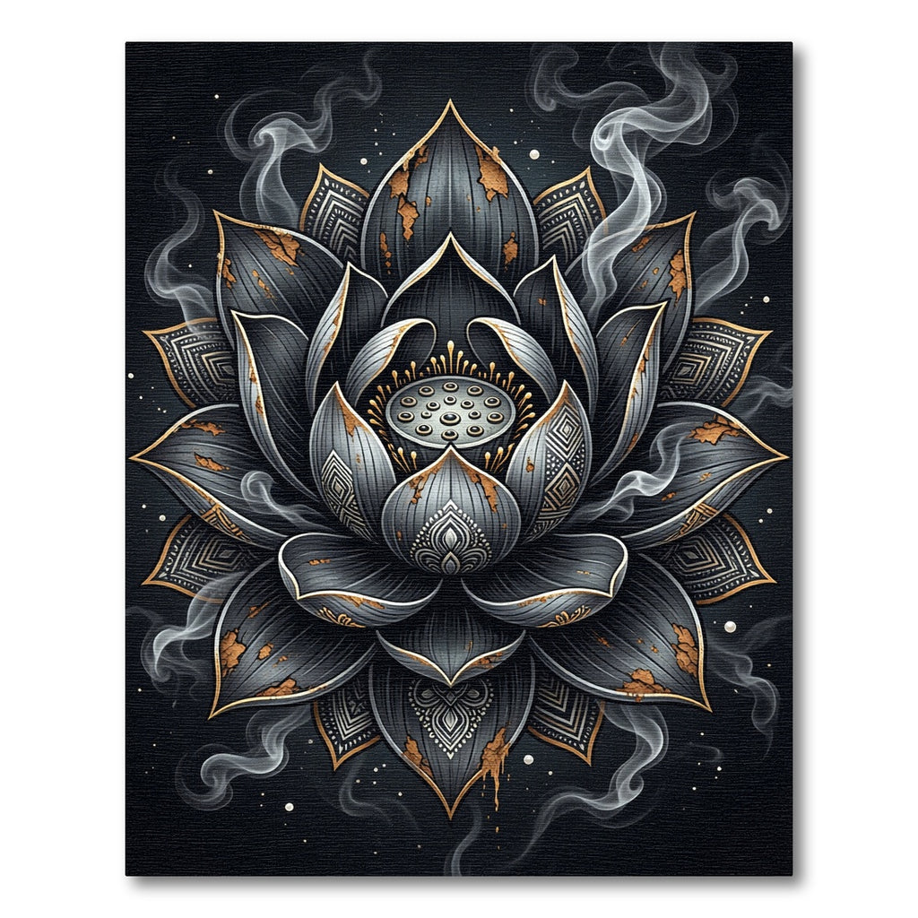 Black Gold Lotus Mandala Smoke Art Rug