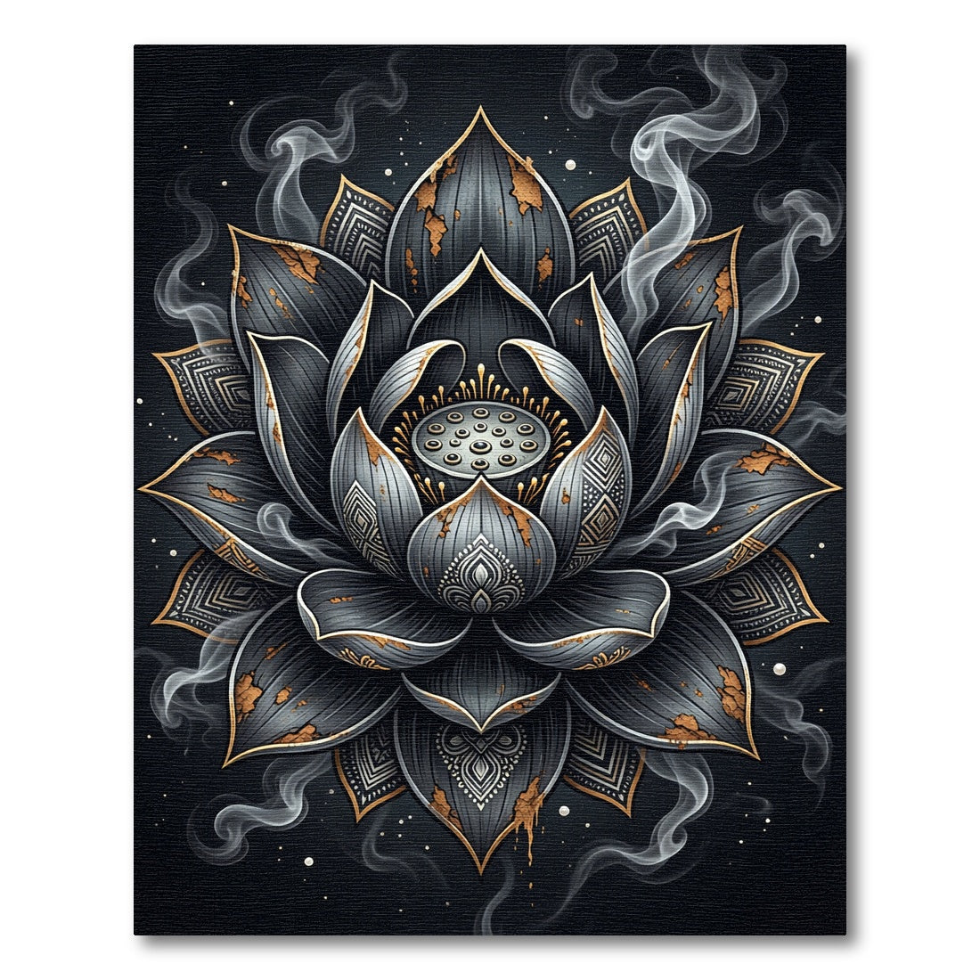 Black Gold Lotus Mandala Smoke Art Rug