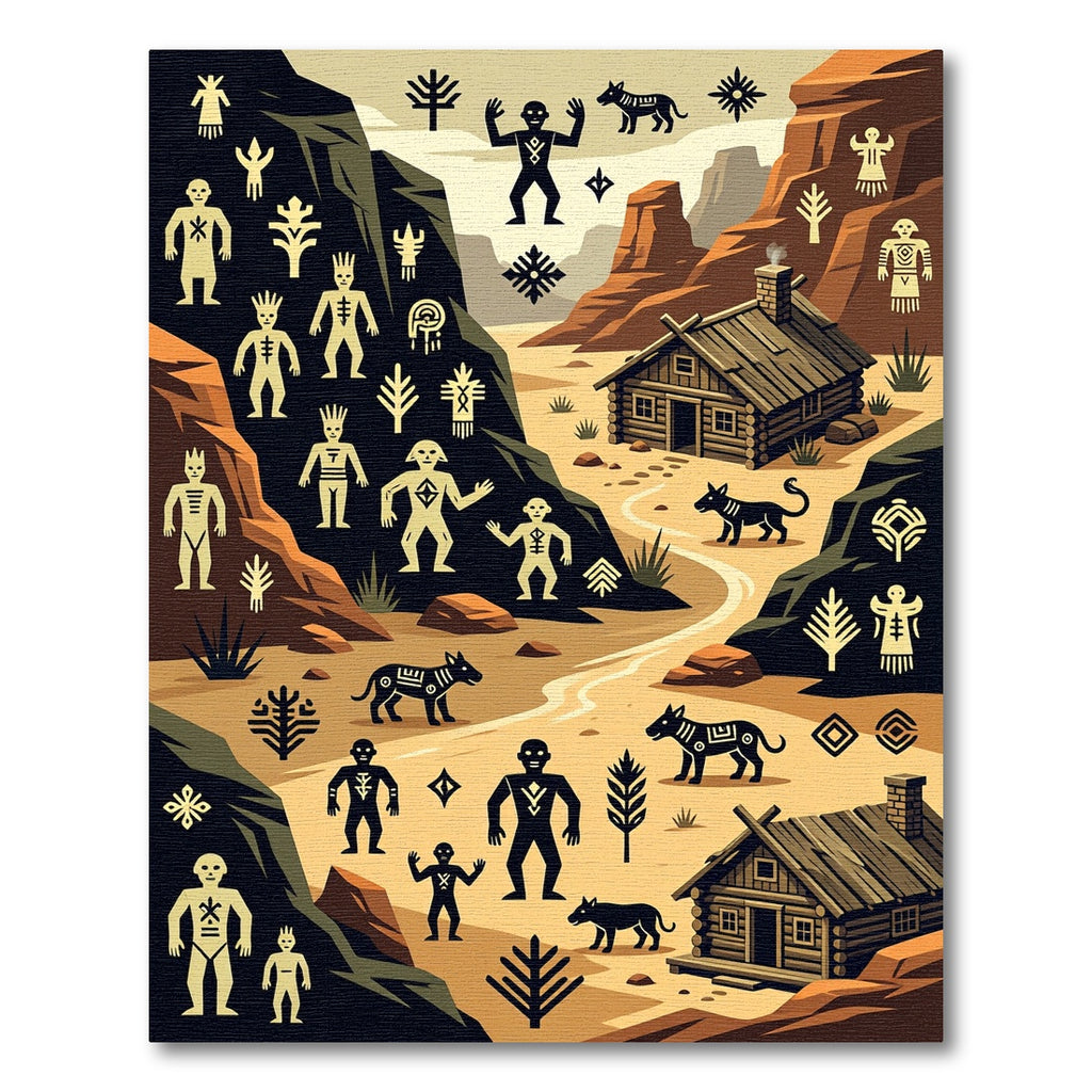 Desert Landscape Primitive Figures Houses Rug
