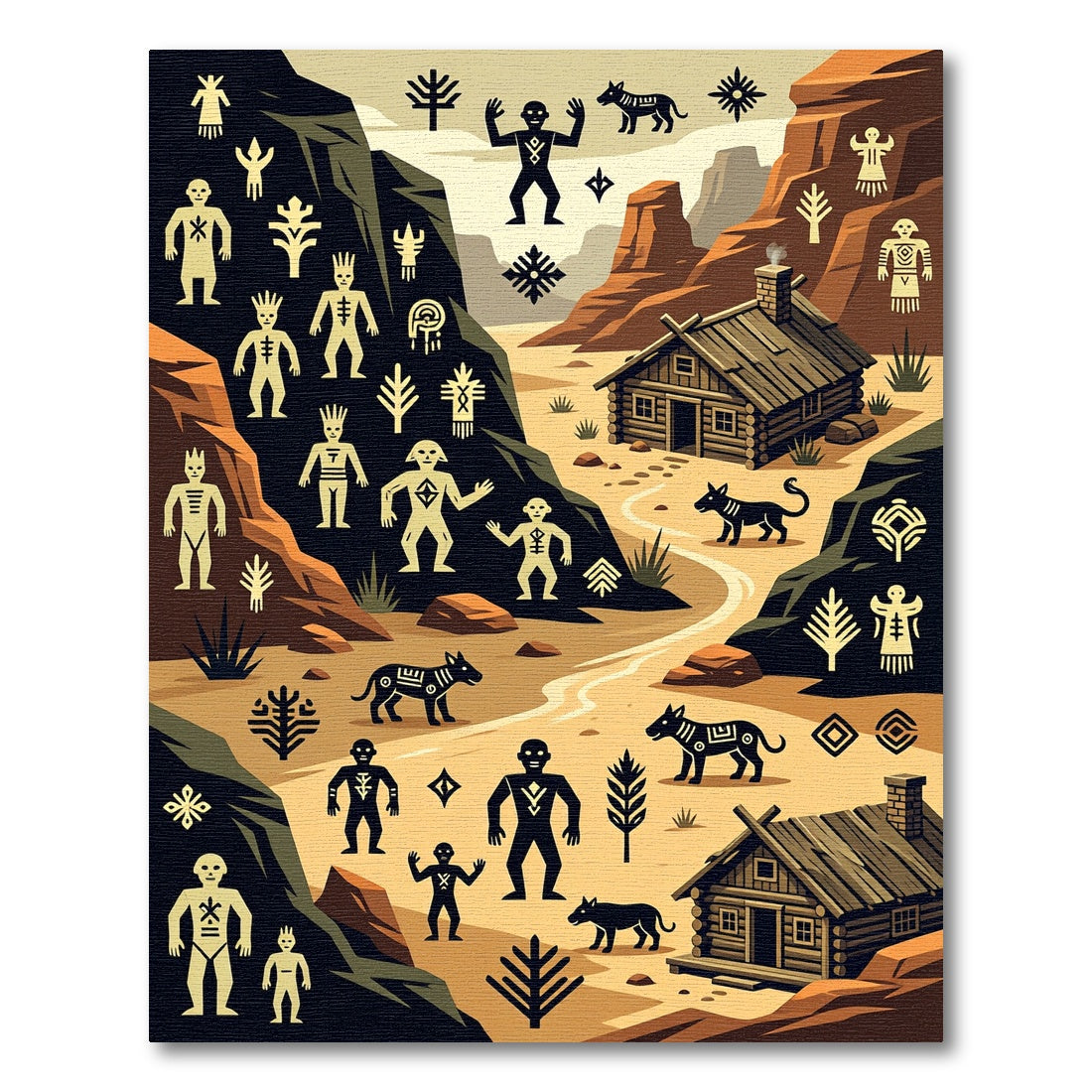 Desert Landscape Primitive Figures Houses Rug