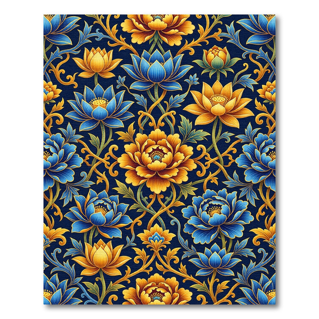 Ornate Gold and Blue Floral Damask Rug