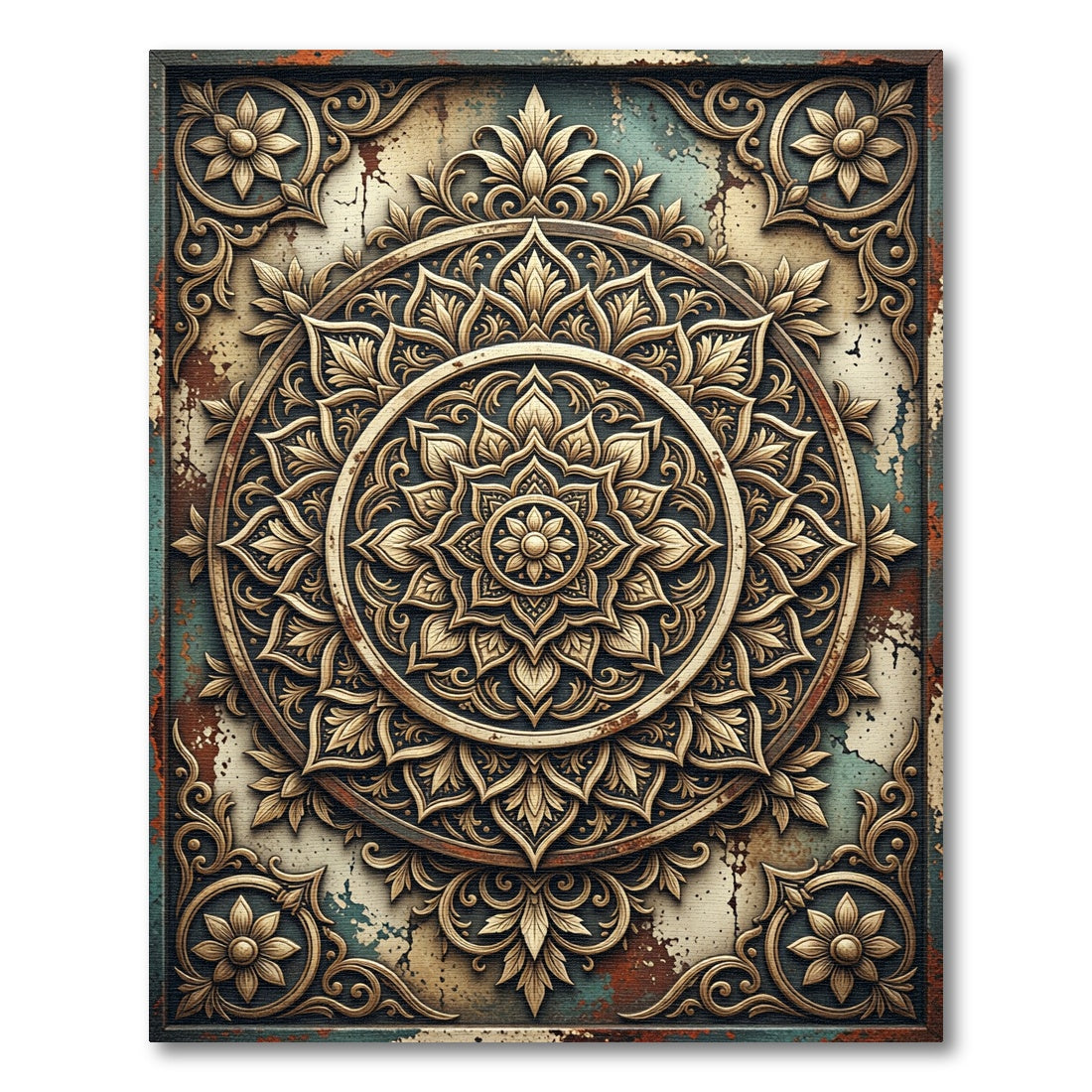 Ornate Golden Mandala Medallion Pattern Rug