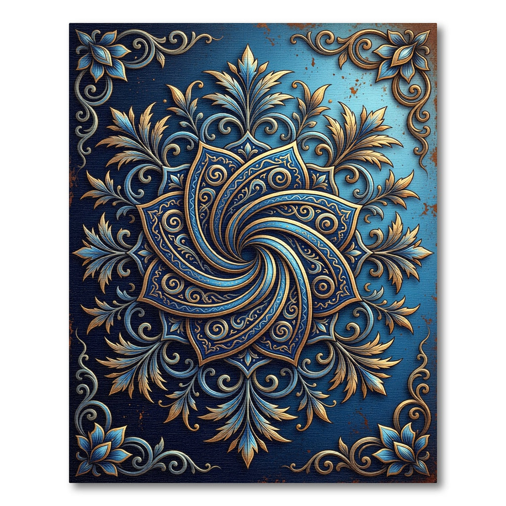 Elegant Navy Gold Spiral Floral Medallion Rug
