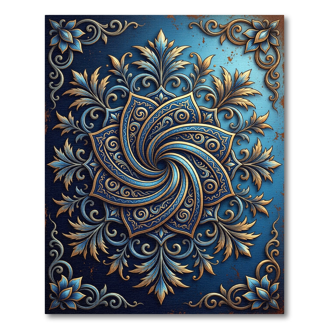 Elegant Navy Gold Spiral Floral Medallion Rug