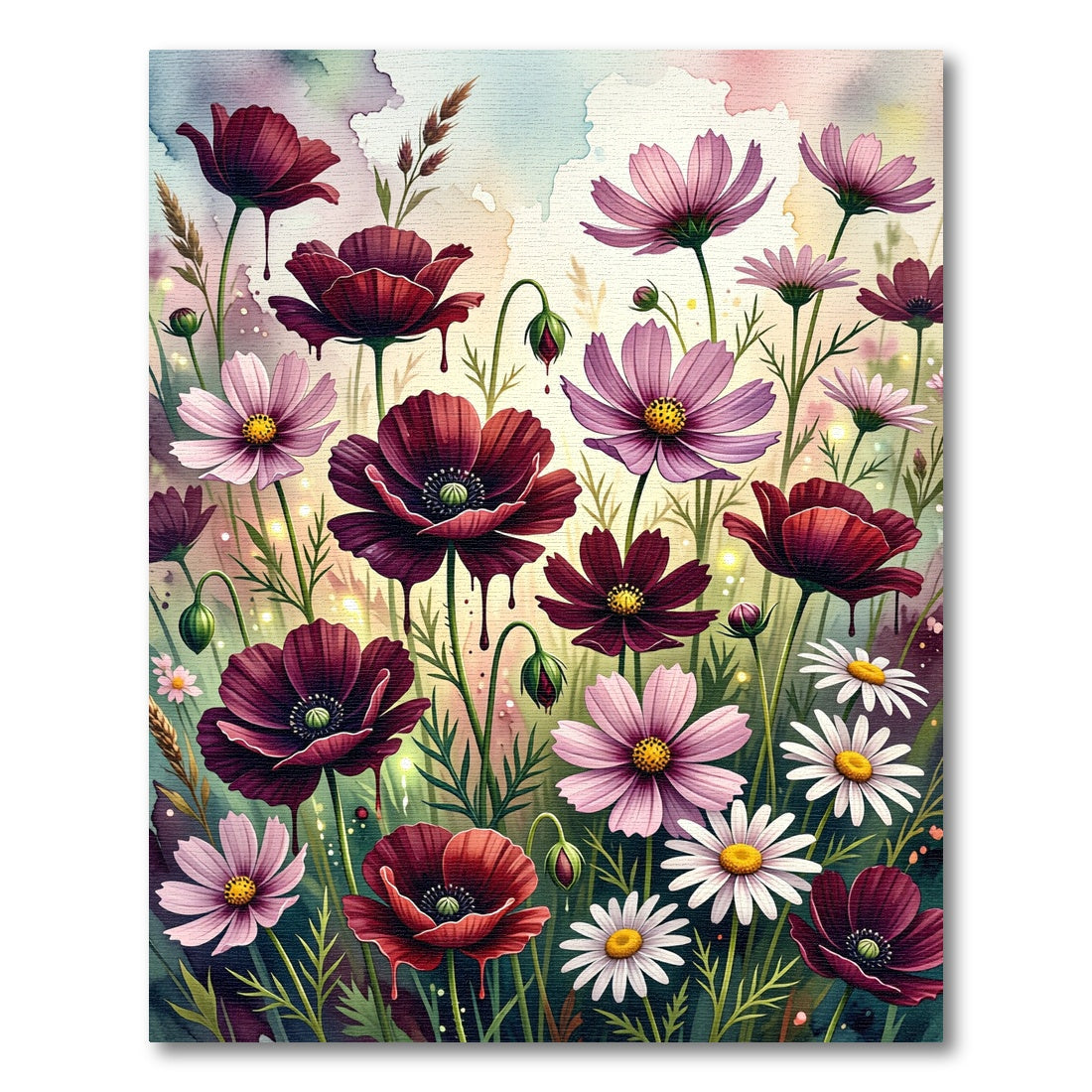 Rich Burgundy Pink Floral Meadow Rug