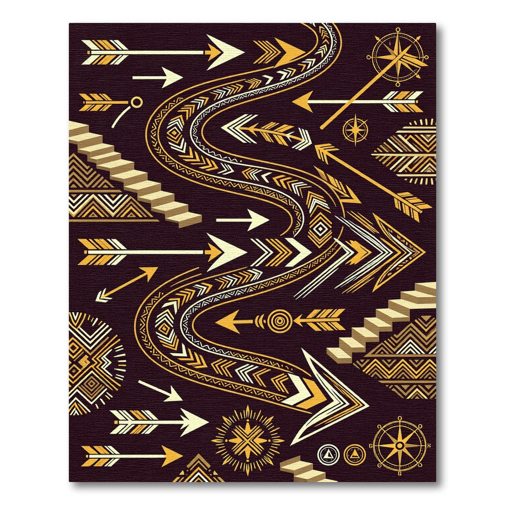 Golden Arrows and Geometric Staircase Art Rug