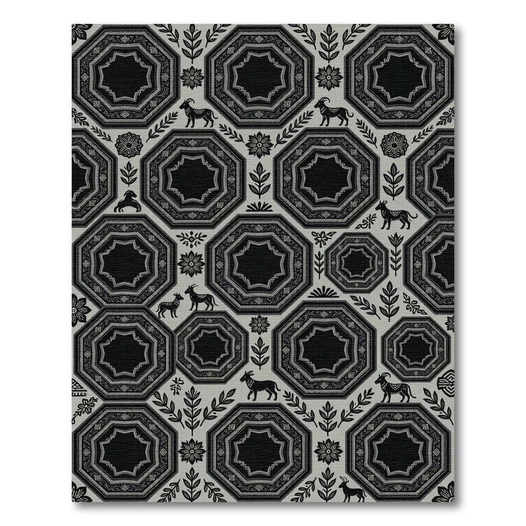Monochromatic Goat Folk Art Octagon Medallion Rug