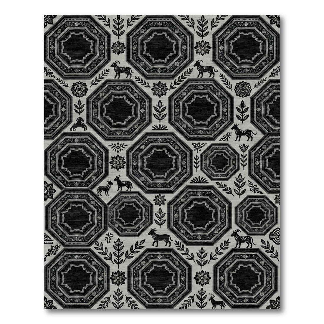 Monochromatic Goat Folk Art Octagon Medallion Rug