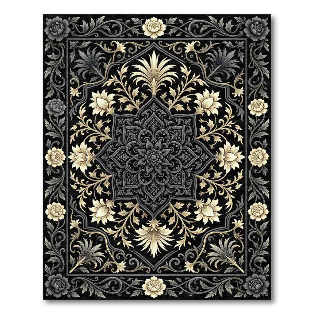 Elegant Gold Black Floral Medallion Rug