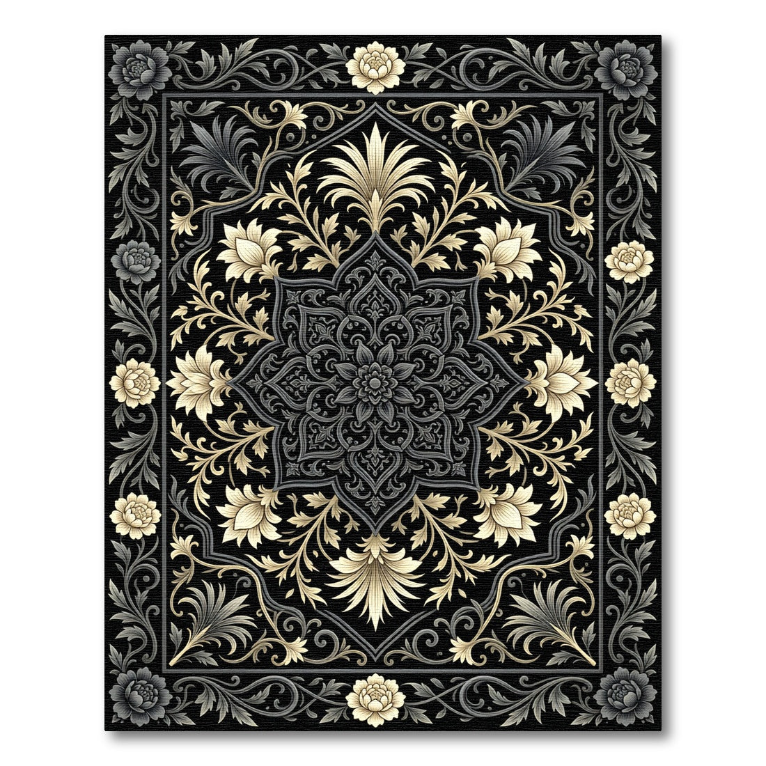 Elegant Gold Black Floral Medallion Rug