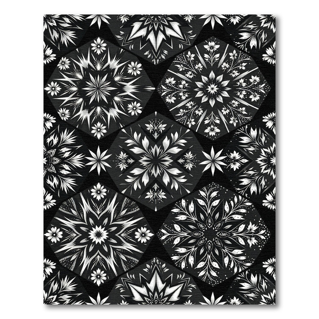 Black White Geometric Floral Medallion Rug