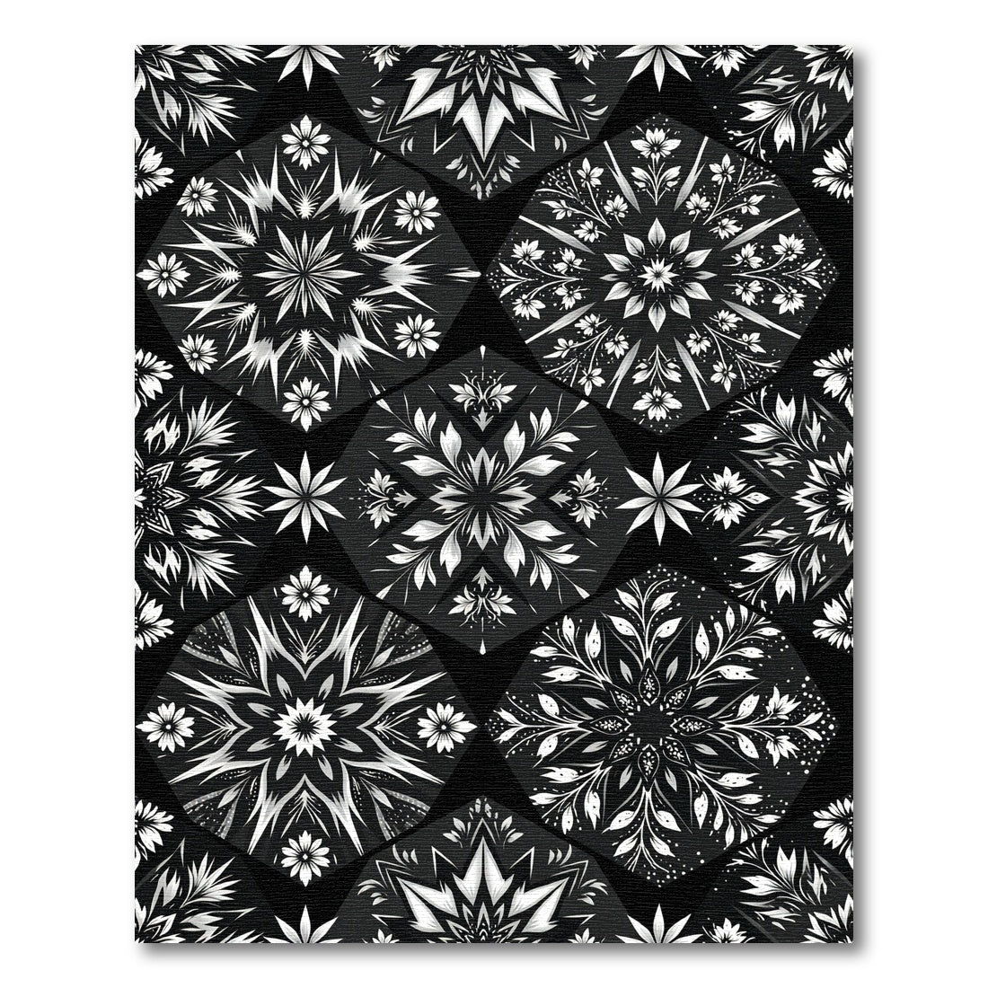 Black White Geometric Floral Medallion Rug